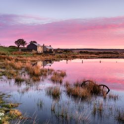 Stunning sunrise over Dozmary Pool on Bodmin Moor in Cornwall, a small natural lake steeped in Arthurian legend and reputedly the haunt of the Lady of the Lake